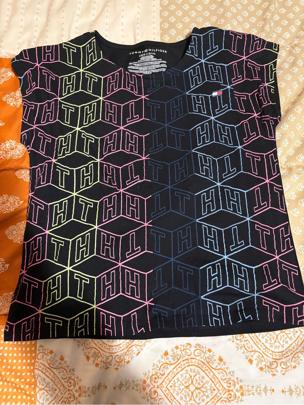 Tommy Hilfiger Black Tee with Neon Geometric TH Print